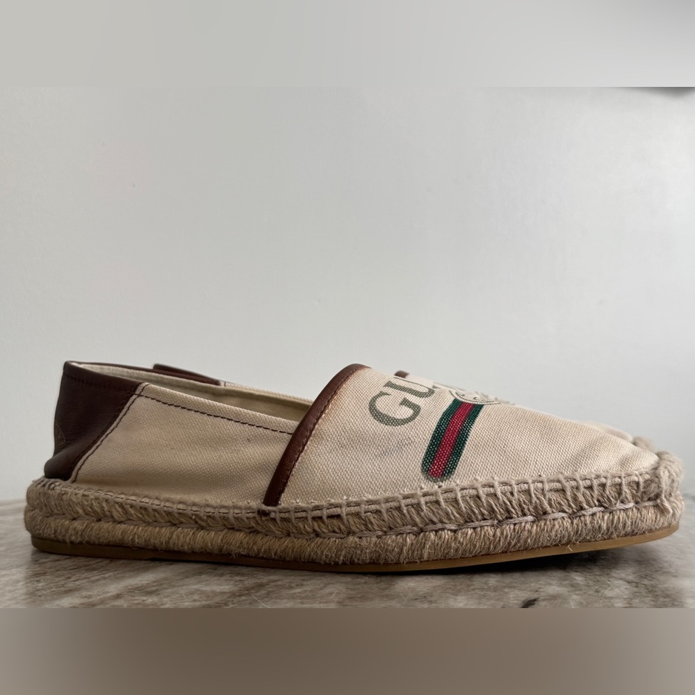 GUCCI Espadrilles Beige/ Cream Canvas With Web & Logo Leather Trim  7  / 7.5 US - Picture 2 of 13